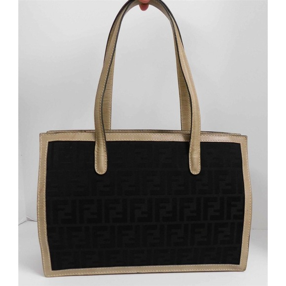 Fendi‎ Vintage Black Zucca FF Canvas Khaki Leather Shoulder Bag - Picture 1 of 7